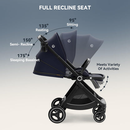 ELITTLE EMU Full-Size Foldable Baby Stroller Full Recline Cockpit Compact Toddler Stroller with Reversible Seat All-Terrain Newborn Infant Pram Carriage for City Outdoor - Dark Blue