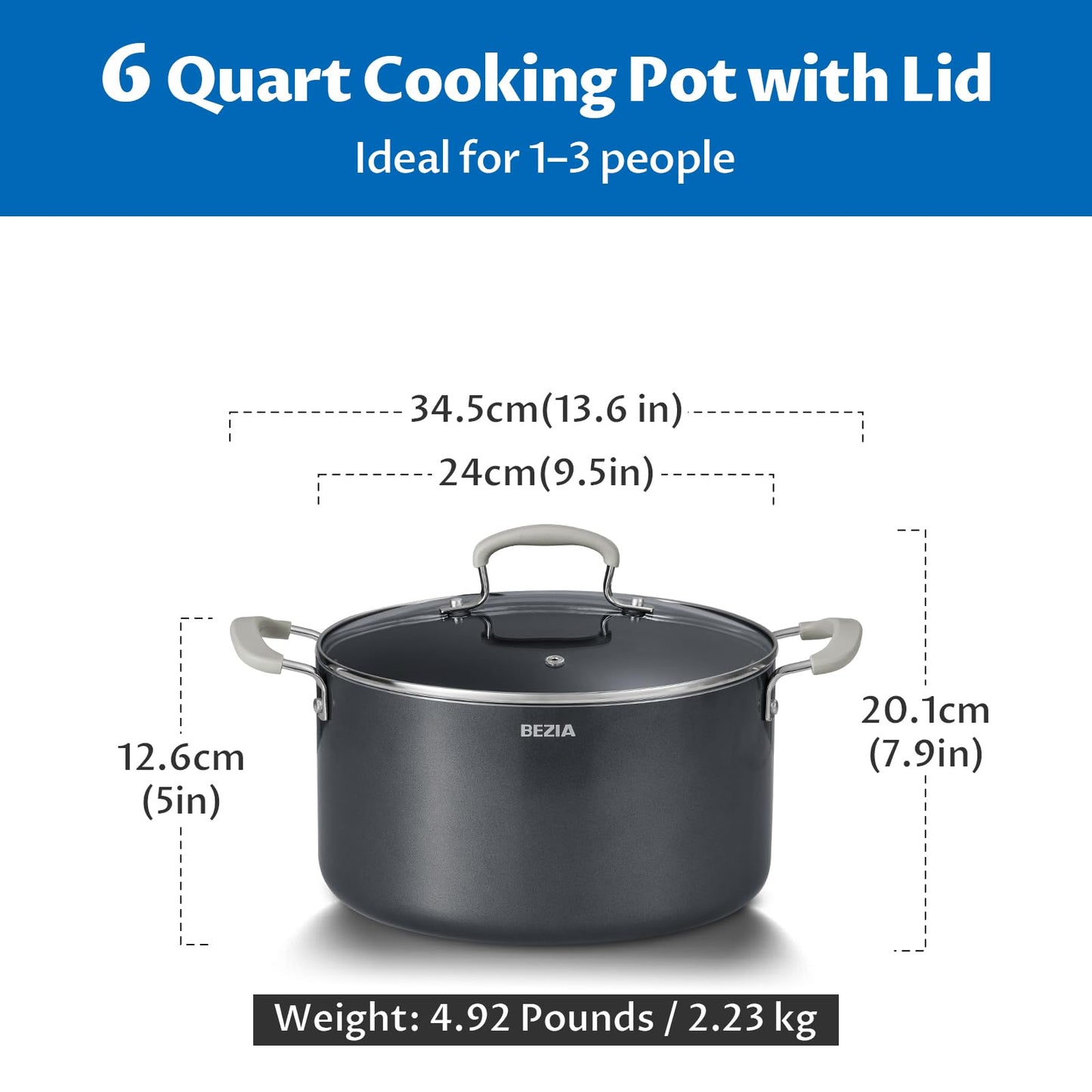 6 Quart Nonstick Stock Pot with Lid - BEZIA Ceramic Soup Pot for Small Families, Induction Cooking Pot with Stay-Cool Silicone Handles, Easy Cleanup, Perfect for Side Dishes, Daily Meals & Camping