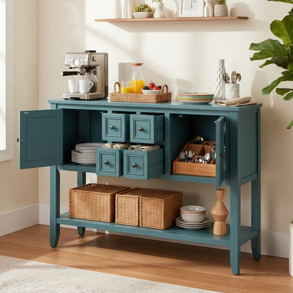Amposei Modern Farmhouse Wood Buffet 45-Inch Entryway Console Table with Storage, Sideboard Cabinet with Drawers & Shelf for Living Room Kitchen Hallway, Dark Blue