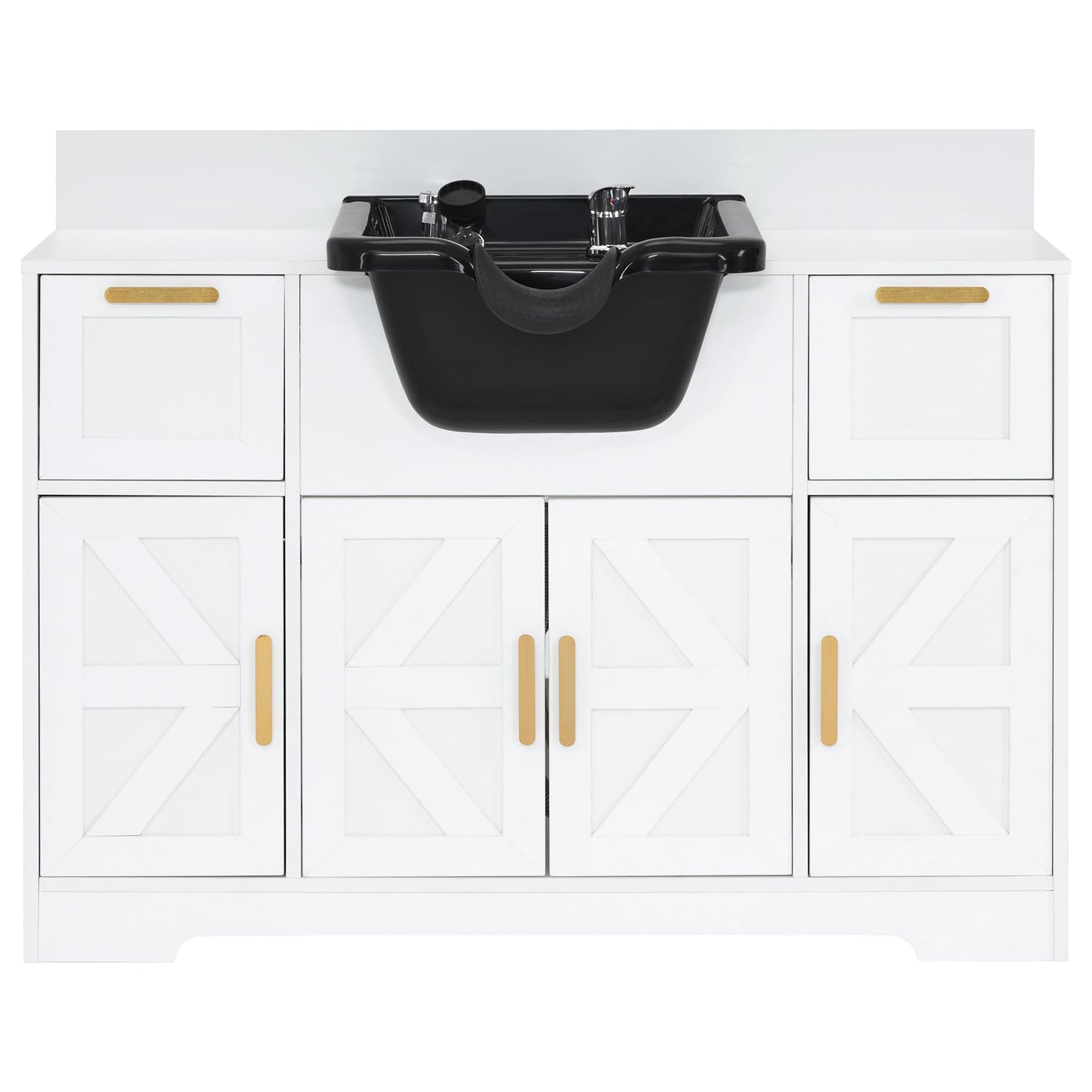 BarberPub Portable Shampoo Station, Shampoo Bowl with Cabinet & Drawer, Salon Geometric Finish Station with Sprayer Faucet, Barber Storage Equipment with Hair Wash Backwash Sink 3439 (White)