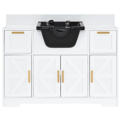 BarberPub Portable Shampoo Station, Shampoo Bowl with Cabinet & Drawer, Salon Geometric Finish Station with Sprayer Faucet, Barber Storage Equipment with Hair Wash Backwash Sink 3439 (White)