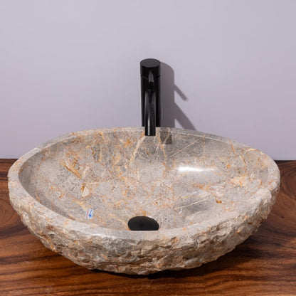 Organic Freeform Hand-Carved Marble Vessel Sink – Stone Vessel Sink with Chiseled Exterior & Natural Gold Veining – One-of-a-Kind Rustic Luxury Bathroom Sink