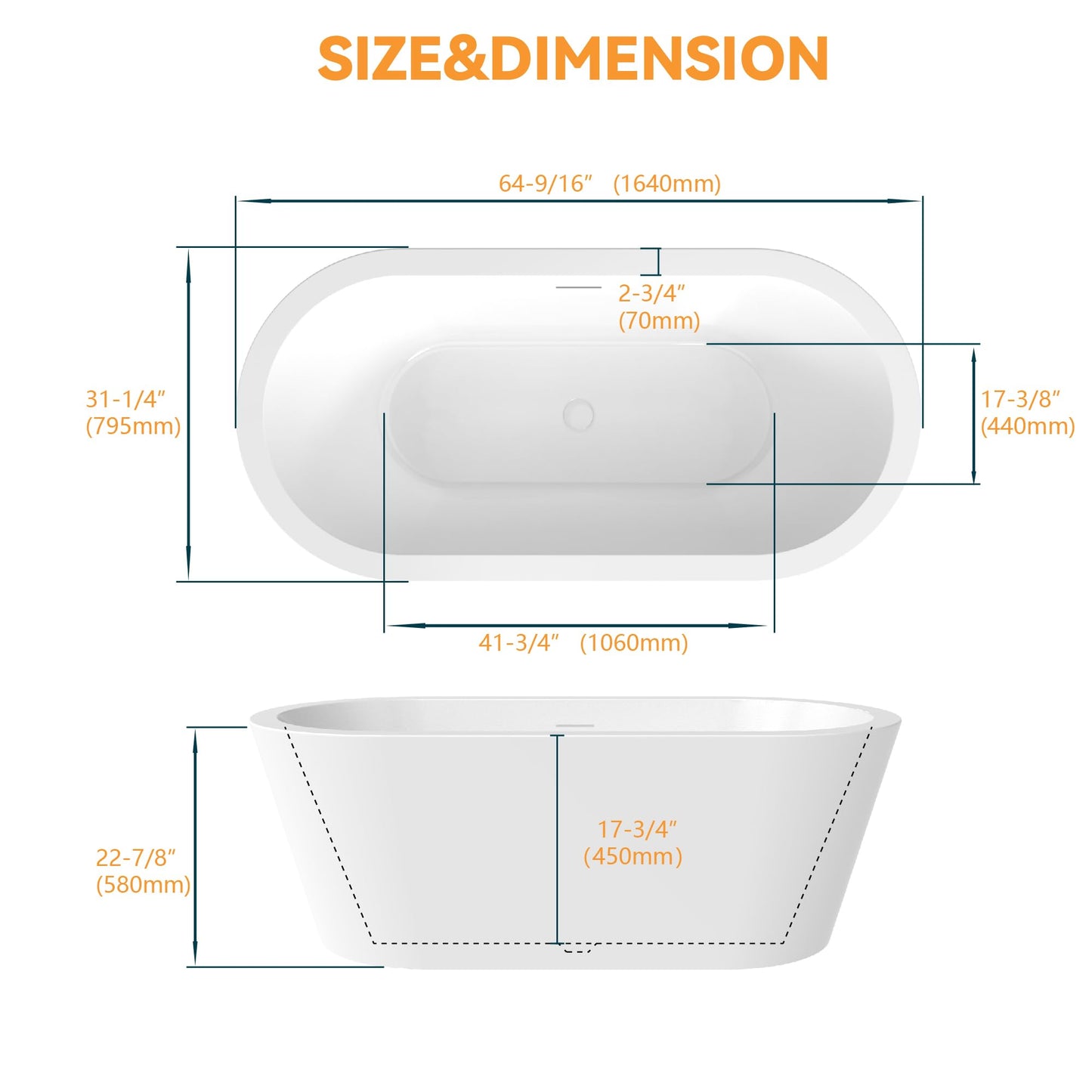 Adecab 64" Acrylic Freestanding Bathtubs, Stand Alone Tub, Soaking Tubs for Bathroom, Integrated Overflow and Drain, cUPC Certified, Gloss White