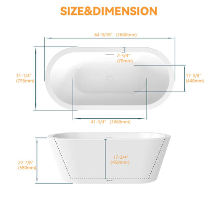 Adecab 64" Acrylic Freestanding Bathtubs, Stand Alone Tub, Soaking Tubs for Bathroom, Integrated Overflow and Drain, cUPC Certified, Gloss White