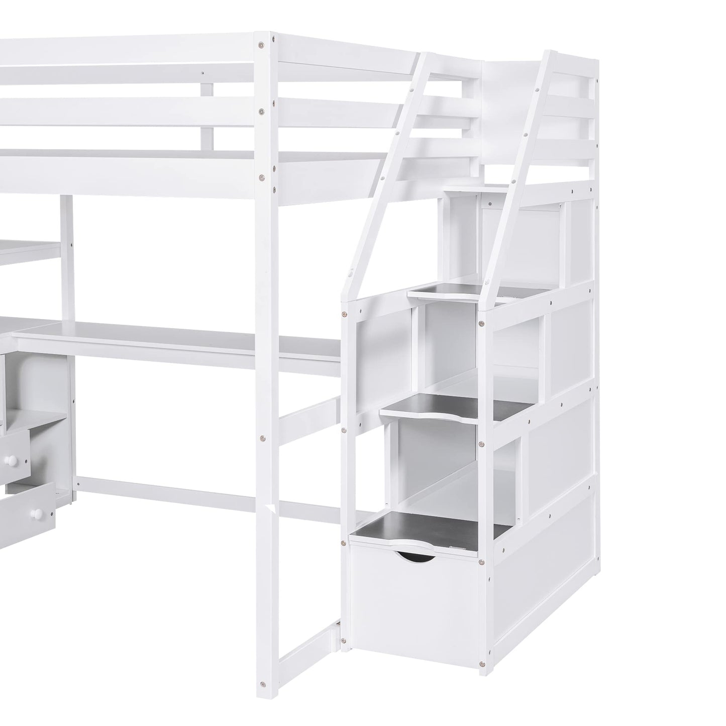 Brisca Full Size Loft Bed with Desk and Shelves,Multifunctionl Bedroom Bed Frame w/Two Built-in Drawers & Storage Staircase,Solid Wood Slats Support,for Kid Adult Boy Girl Teens,White