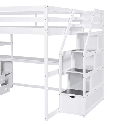 Brisca Full Size Loft Bed with Desk and Shelves,Multifunctionl Bedroom Bed Frame w/Two Built-in Drawers & Storage Staircase,Solid Wood Slats Support,for Kid Adult Boy Girl Teens,White