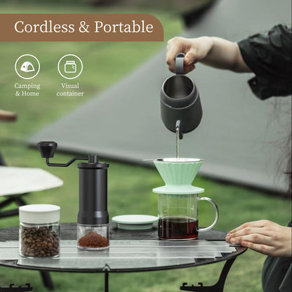 ELMWAY Stainless Steel Burr Hand Coffee Grinder by ELMWAY - Durable Manual Coffee Grinder with Glass Jar, Adjustable Grind Setting, Portable for Travel & Home, Gifts for Coffee Lovers - Black