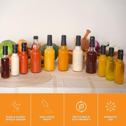FastRack Woozy Bottle 10 oz (Pack of 12) | Small Hot Sauce Bottles for Canning | Empty Clear Glass Sauce Bottle with Black Plastic Caps | Leakproof Cap - No Dripper Included