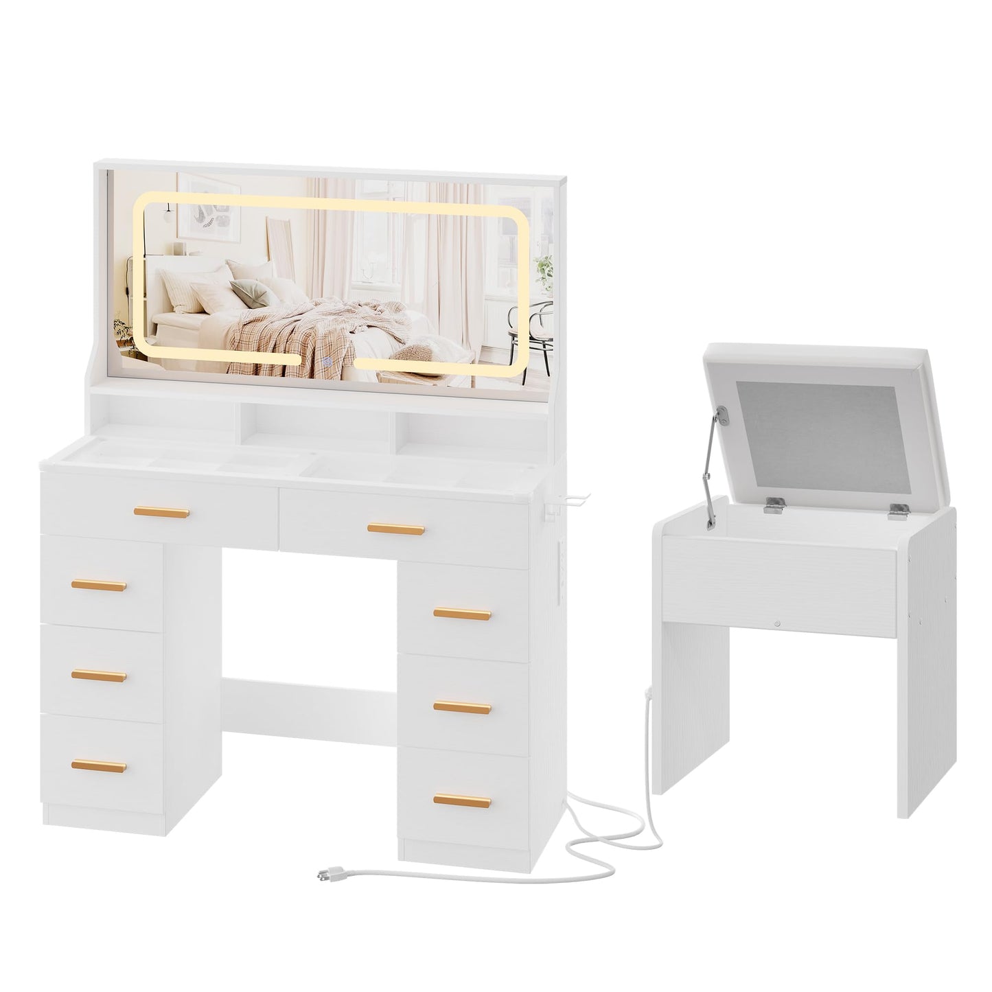 MilleLoom Vanity Desk with Large Mirror & Lights, Makeup Vanity Desk with 8 Drawers & 3 Storage Shelves, Makeup Vanity Table Set with Transparent Glass Top, Stool & Power Outlet for Bedroom, White