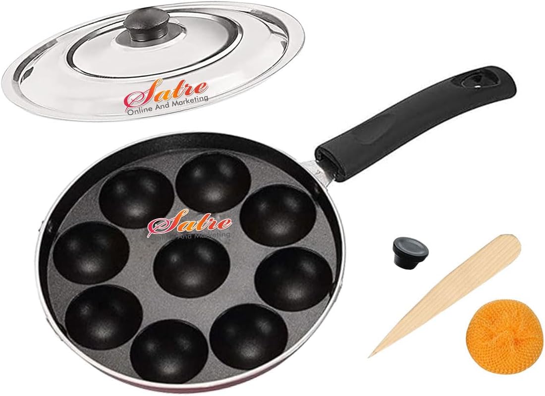 Satre Online Aluminium Non-Stick 9 Cavity Appam Patra with Steel Lid, Black