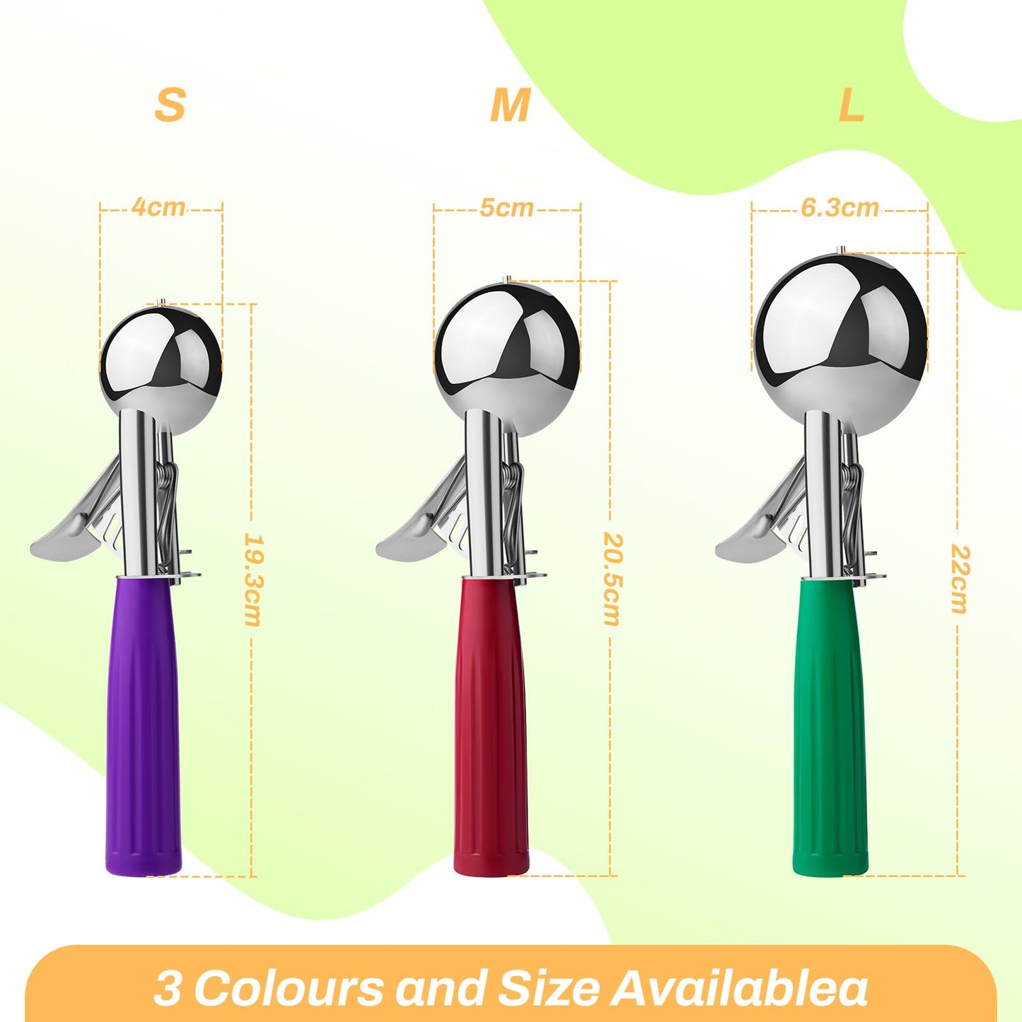 Ice Cream Scoop, Ice Cream Scooper Set Include Different Sizes, Heavy Duty Ice Cream Scoop with Trigger, Polishing Stainless Steel 18/8 Cookie Scoops for Baking, 3 Pcs of Ice Cream Sandwich Scoop