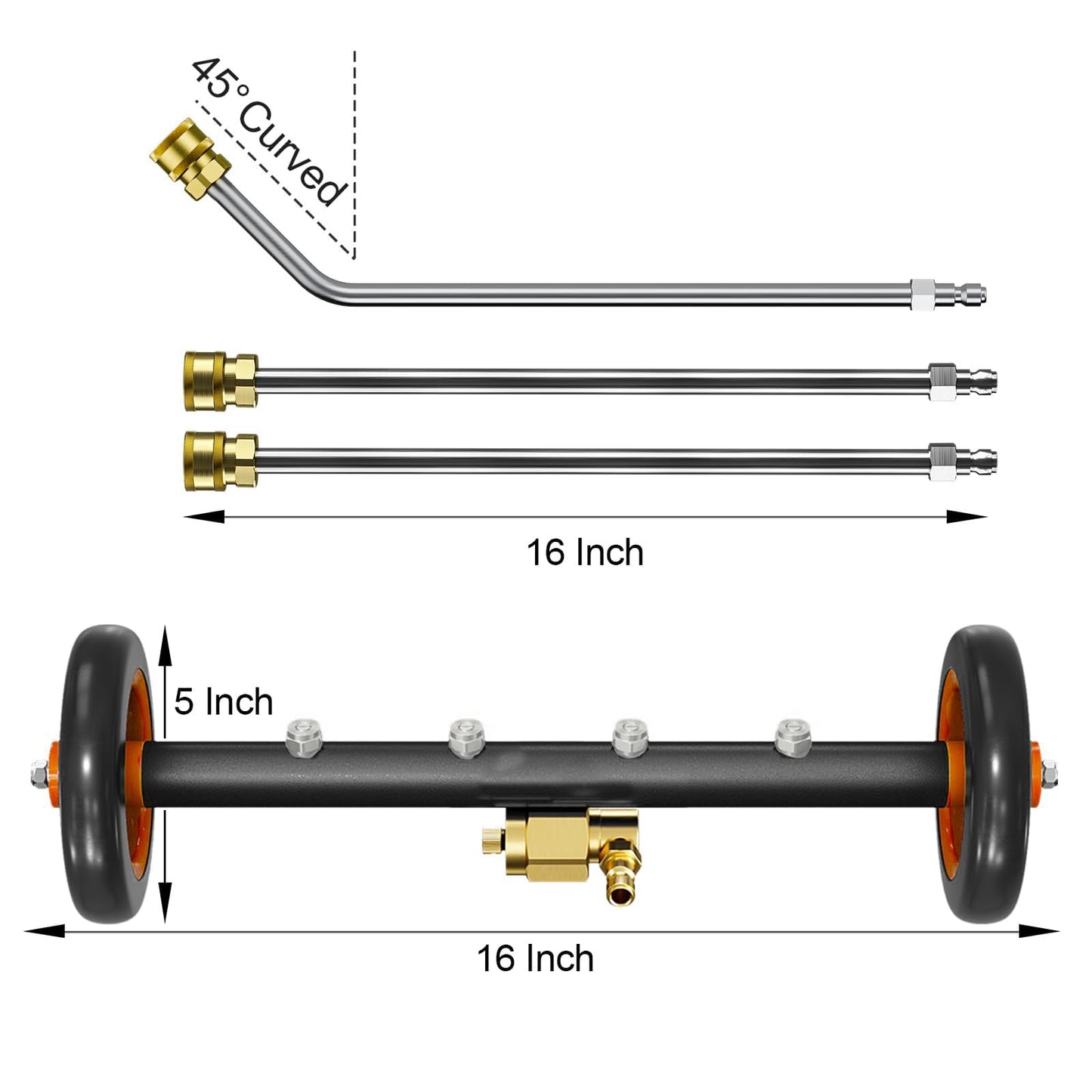 TRELVEX Undercarriage Pressure Washer Attachment Pro Max 16", Surface Cleaner Water Broom with 3pcs ExWand and Quick Connect Pivot Coupler 4000psi, 2in1 Underbody Car Washer