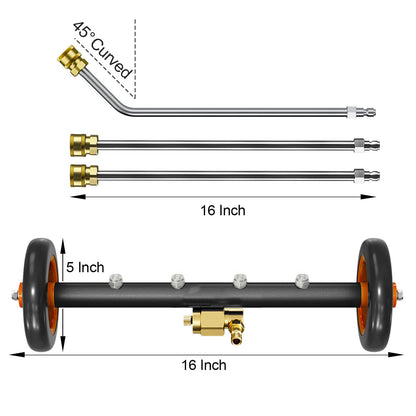 TRELVEX Undercarriage Pressure Washer Attachment Pro Max 16", Surface Cleaner Water Broom with 3pcs ExWand and Quick Connect Pivot Coupler 4000psi, 2in1 Underbody Car Washer