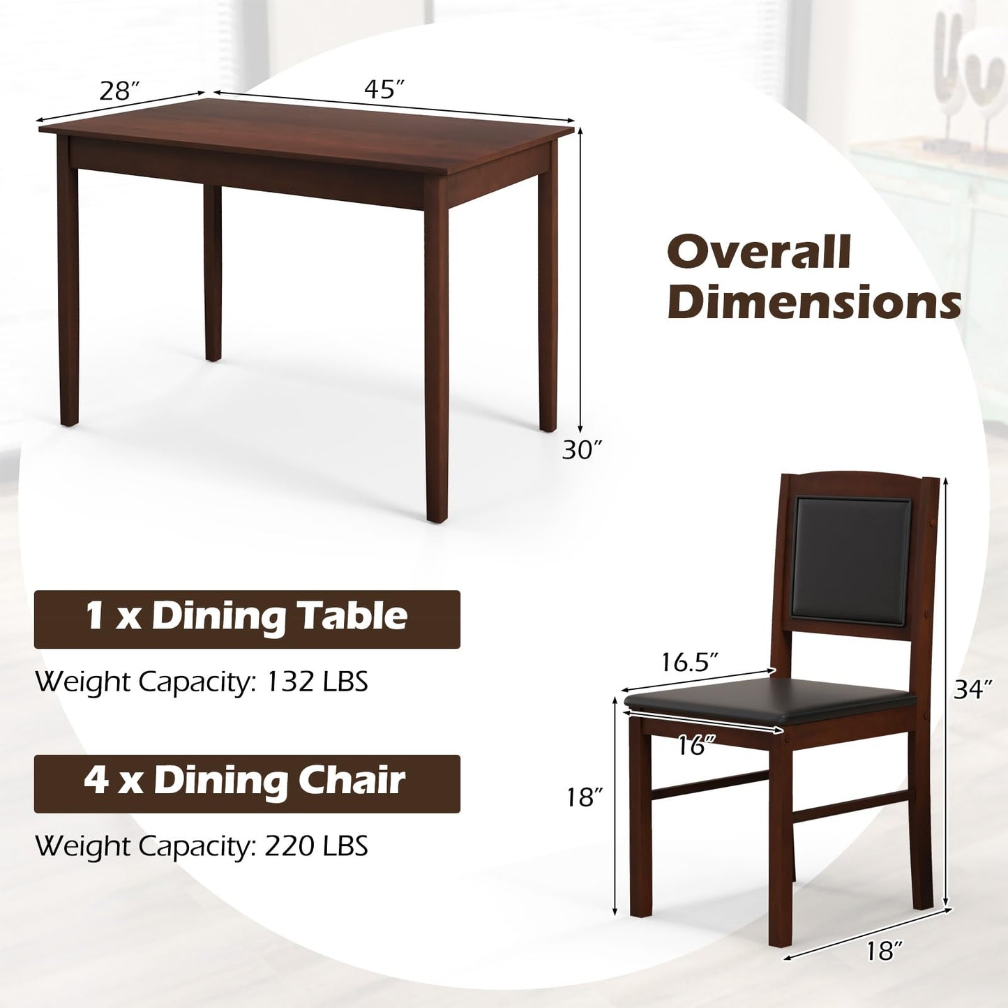 Tangkula Dining Table Set for 4, Farmhouse Solid Wood Dinette Set w/Rubber Wood Legs, Upholstered Seat & Padded Backrest, Mid-Century Modern Dining Table and Chairs Set for Kitchen, Dining Room