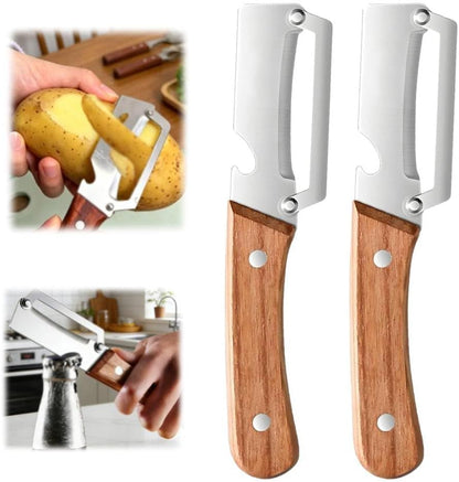 Skiennix Multi-Functional Vegetable Peeler - 2-in-1 Stainless Steel with Wooden Handle & Bottle Opener | Ideal for Potatoes, Pumpkins, Zucchini (2 Pcs)