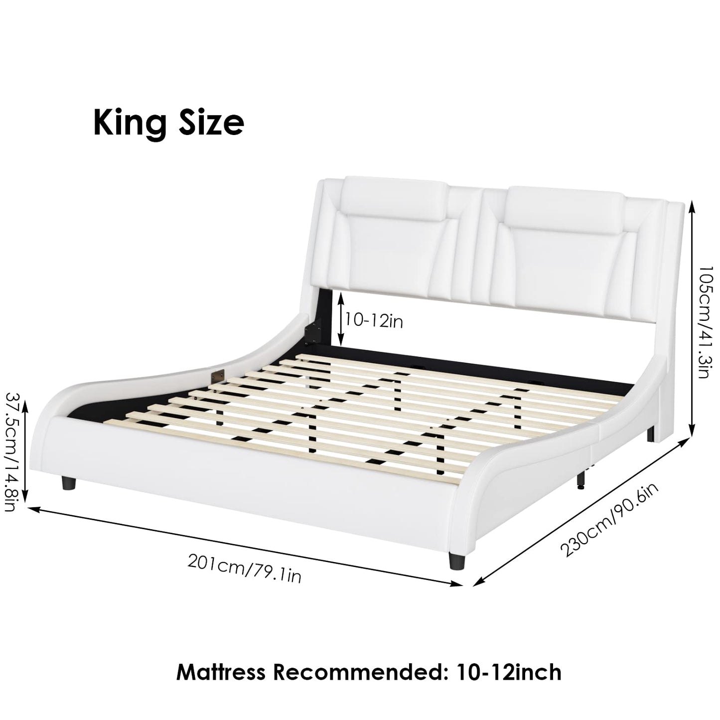 Keyluv King Size LED Bed Frame with Adjustable Headboard & Removable Pillow, PU Leather Upholstered Platform Bed, Wave-Like Curve Safety Design, Solid Wooden Slats Support, Easy Assembly, White