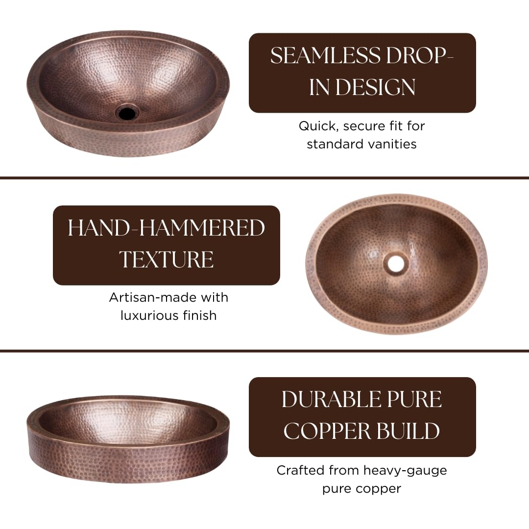 Monarch Abode Bathroom Sink – 17-Inch Oval Skirted Drop In Bathroom Sink, Top Mount Hand Hammered Pure Copper Vanity Sinks for Countertop, Powder Room or Restroom, Drop in Sinks for Bathrooms