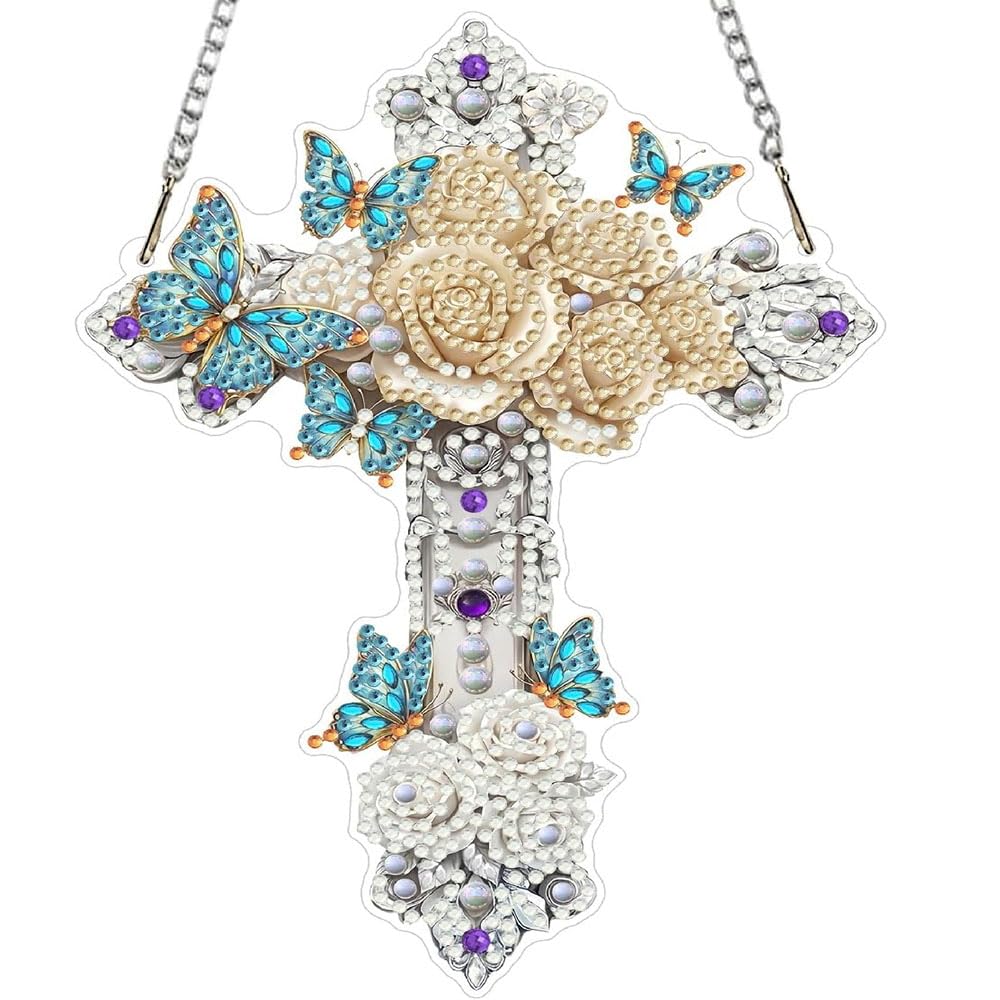 LPDJITO Cross Diamond Art Hanging Kits for Adults, Cross Diamond Art Suncatchers, 5D Special Shape Fall Diamond Painting Pendant Window Ornament Gifts for Home Garden Door Wall Decor