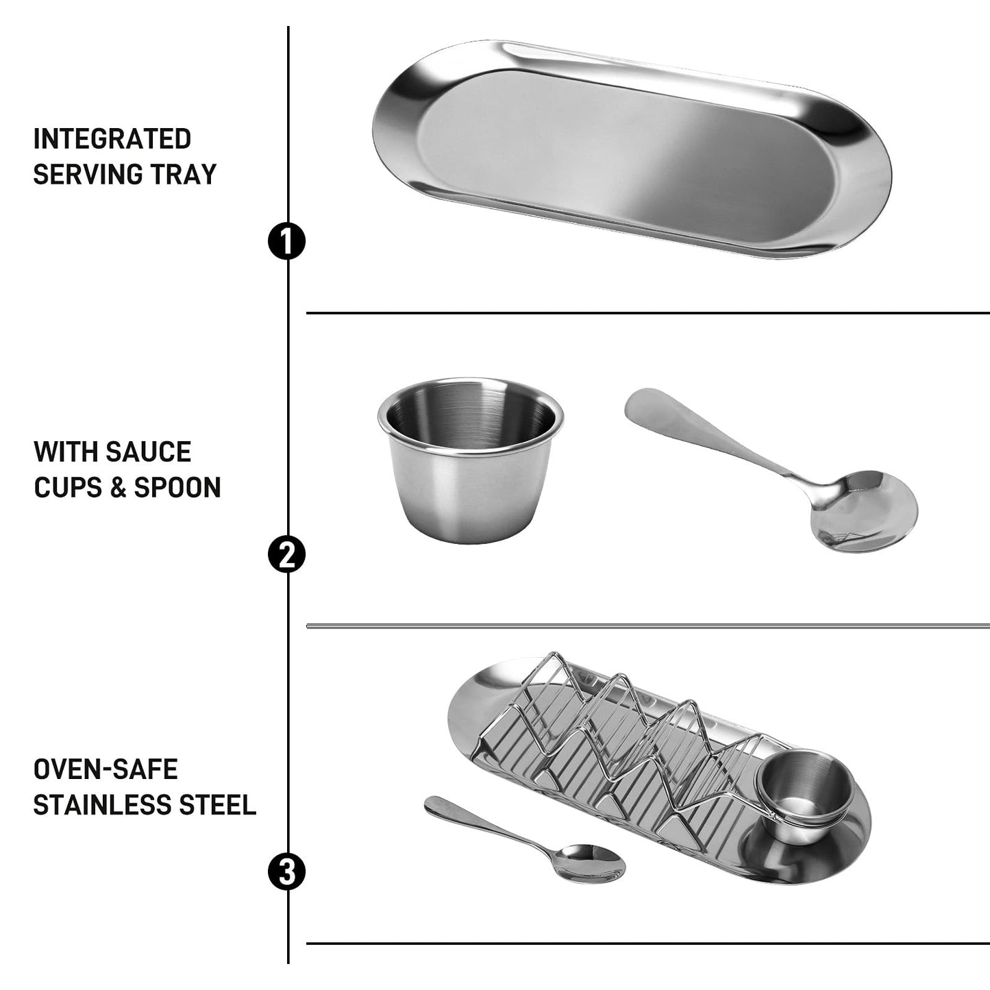 Fernlandia Taco Holders Set of 2 - Stainless Steel Taco Stand Rack with Tray, Sauce Cups & Spoon, for Party, Dishwasher Safety