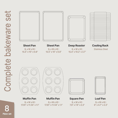 8-Piece Set BAKKENMASTER Deluxe Carbon Steel Bakeware - Nonstick White Marble Coating, Silicone Handles - Professional