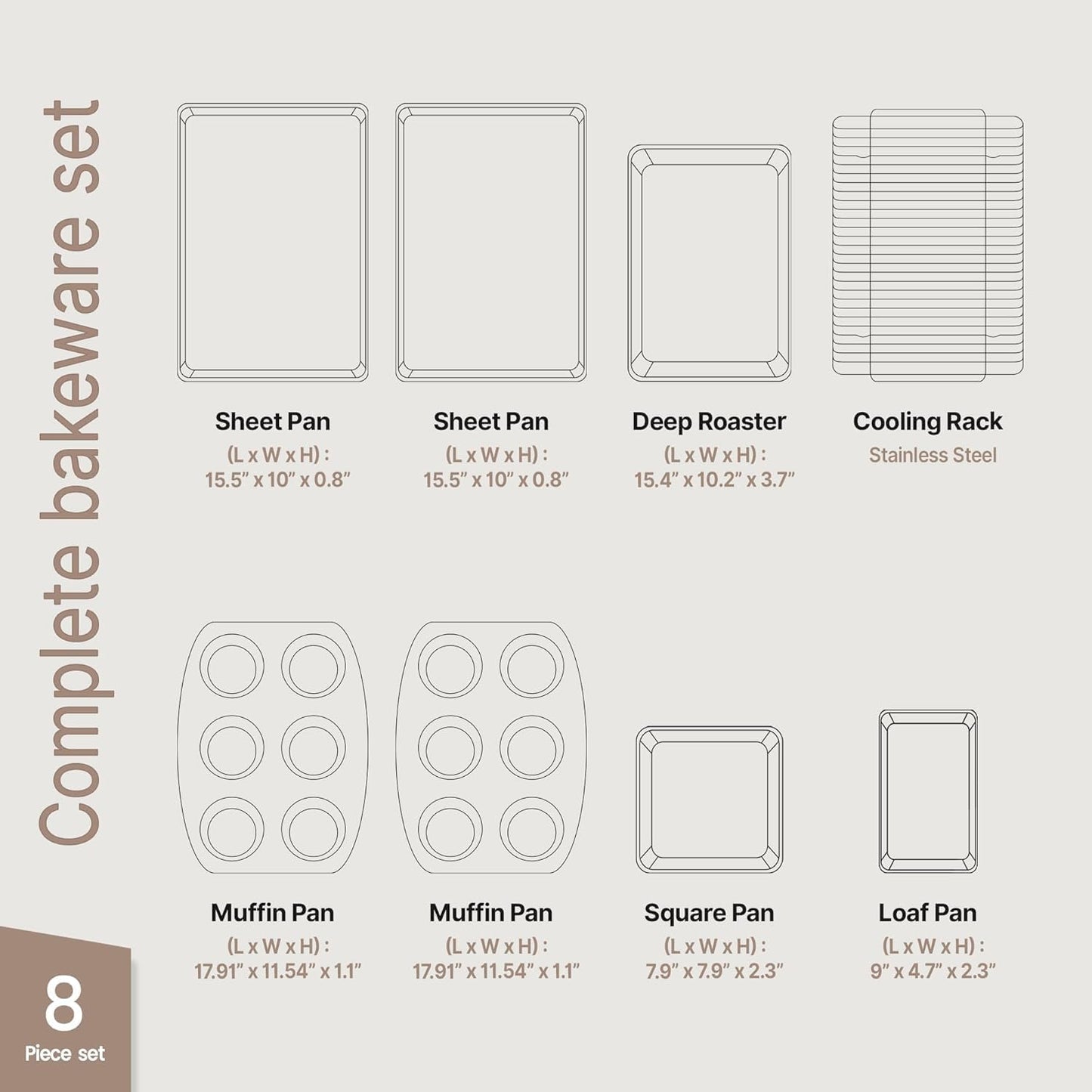 BAKKEN 8-Piece Nonstick Baking Pans Set | Professional Grade Carbon Steel with Gray Marble Coating - Oven & Dishwasher Safe