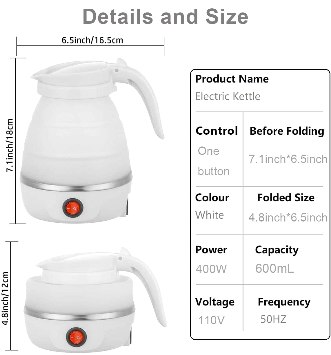 Foldable Electric Kettle, Upgraded Food Grade Silicone,600W 600ML Flash Heat Small Portable Travel Electric Kettle,110V US Plug (Matte Finish White)