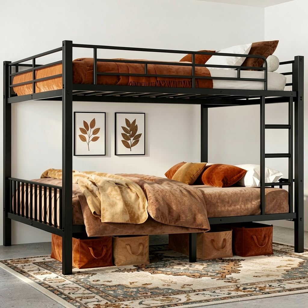 Mixcous Queen Over Queen Bunk Bed, Heavy Duty Metal Queen Bunk Bed Frame with Full-Length Guardrails & EVA Anti-Slip Ladder for Adults, Noise-Free, No Box Spring Needed, Black