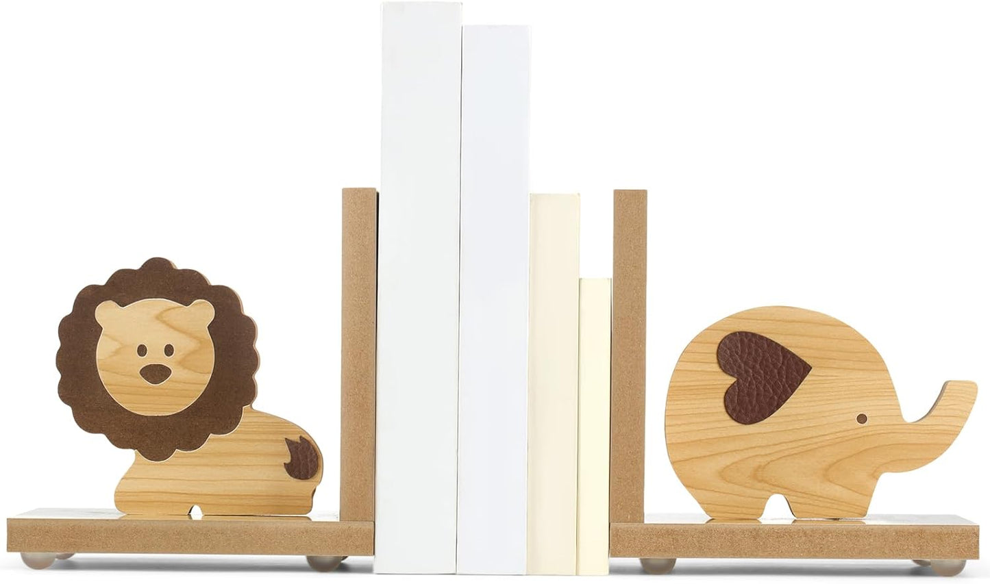2 Harloon Pcs Animal Bookends for Kids Wooden Decor Safari Bookends Decor for Girl Children Bedroom Home(Lion Elephant)