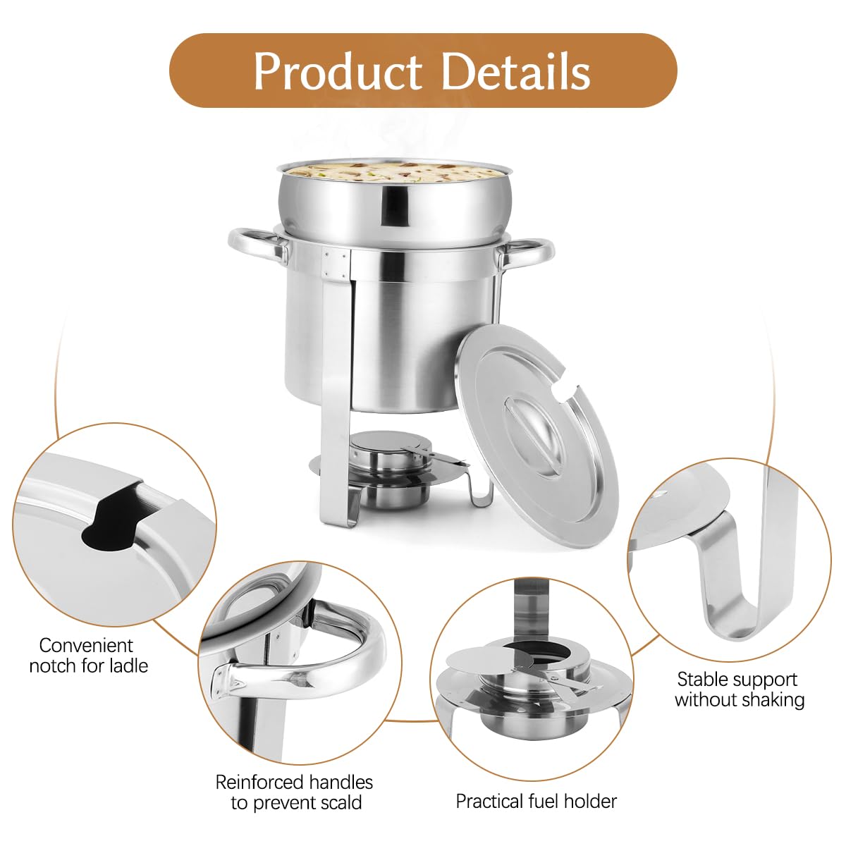 Snowtaros 7QT Soup Chafer, Stainless Steel Round Soup Warmer with Pot Lid & Fuel Holder, Commercial Soup Pot Chafing Dish for Catering, Parties, Banquets, Events (2 Pack)