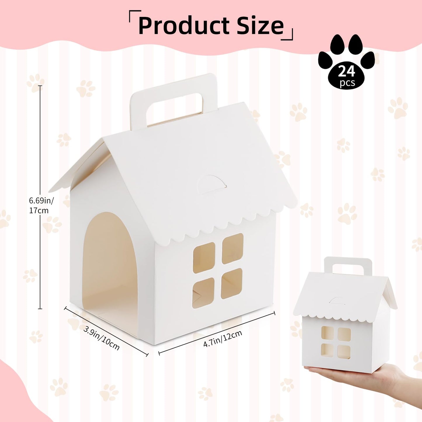 24 Pcs Dog Party Favor Boxes,White Foldable Dog House Shaped Treat Gift Boxes with Handles,Holes,Window Design,Fit for Back to School Favors,Puppy Pet Adoption Parties,Birthday Decorations,DIY Crafts