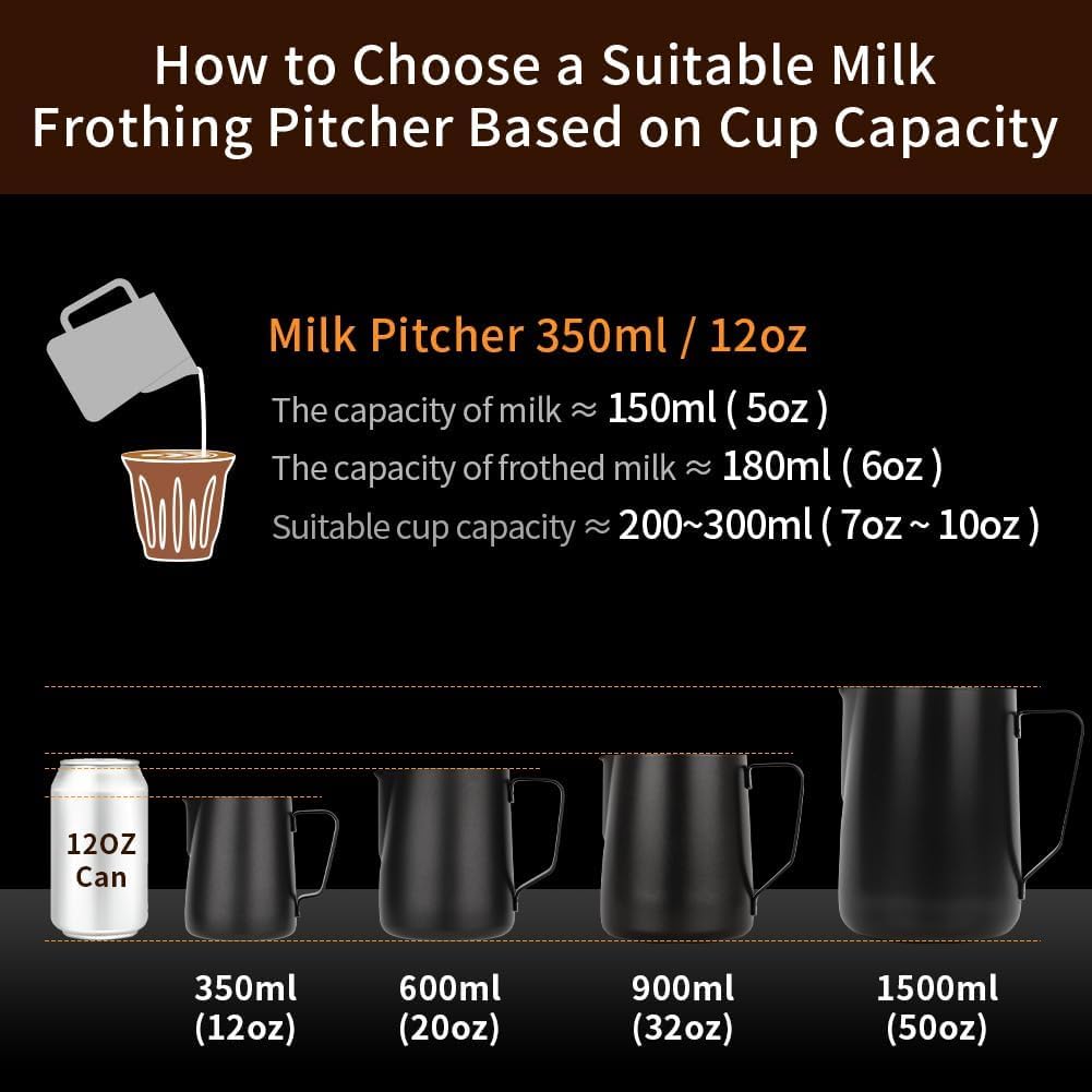 watchget Milk Frothing Pitcher 350ml/600ml/900ml/1500ml (12oz/20oz/32oz/52oz) - Stainless Steel Espresso Steaming Pitcher for Cappuccino, Latte Art, Milk Jug Coffee Frother Cup, Black