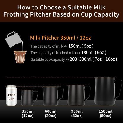 watchget Milk Frothing Pitcher 350ml/600ml/900ml/1500ml (12oz/20oz/32oz/52oz) - Stainless Steel Espresso Steaming Pitcher for Cappuccino, Latte Art, Milk Jug Coffee Frother Cup, Black