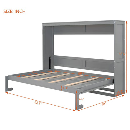 Merax Modern Farmhouse Solid Wood Murphy Cabinet Bed, Queen Foldable Wall Bed Frame, No Box Spring Needed/Space Saving, Gray