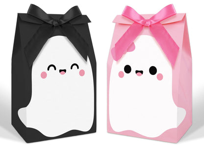 JarThenaAMCS 24Pcs Halloween Party Favor Bags Little Boo Ghost Paper Gift Bags with Black Pink Ribbon Bows Candy Goodie Treat Bag for Birthday Baby Shower Party Supplies