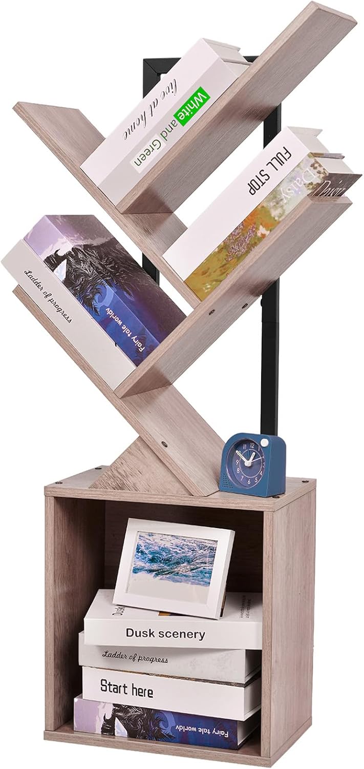 4-Tier Tree Bookshelf Bookcase with Storage Cabinet, Modern Corner Bookshelves, Narrow Wood Book Rack, Mini Floor