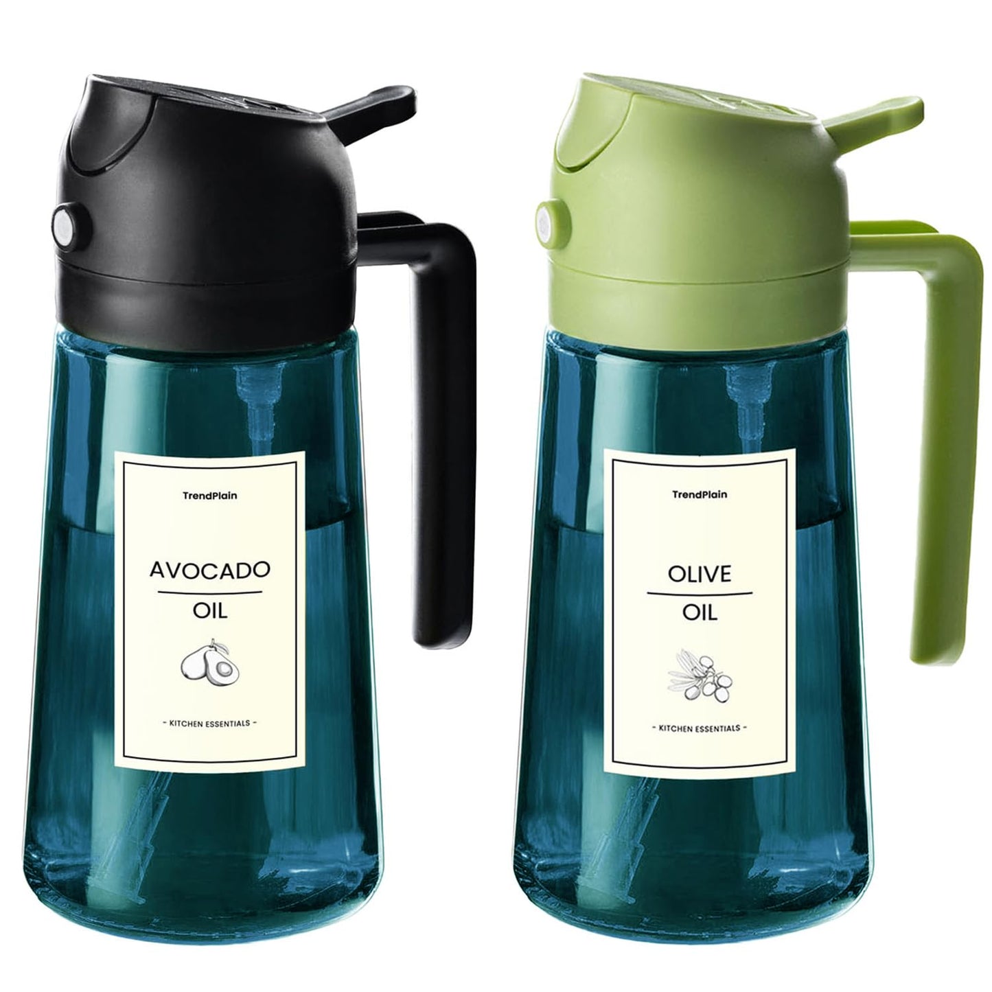 TrendPlain 16oz/470ml Blue Glass Olive Oil Sprayer for Cooking - 2 in 1 Olive Oil Dispenser for Kitchen Gadgets, Air Fryer, Salad, and BBQ - Black & Green