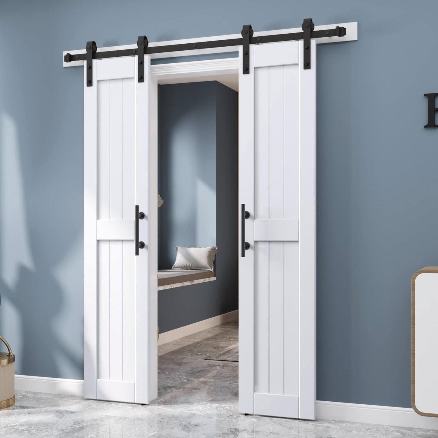 EaseLife 36 x 84 inch (Double 18x84 Door) White Barn Door with 6.6FT Sliding Door Hardware Kit Included & Handle,Solid Wood,Waterproof,DIY Assemblely,Easy Install,H-Frame,Fit 32-34in Wide Opening
