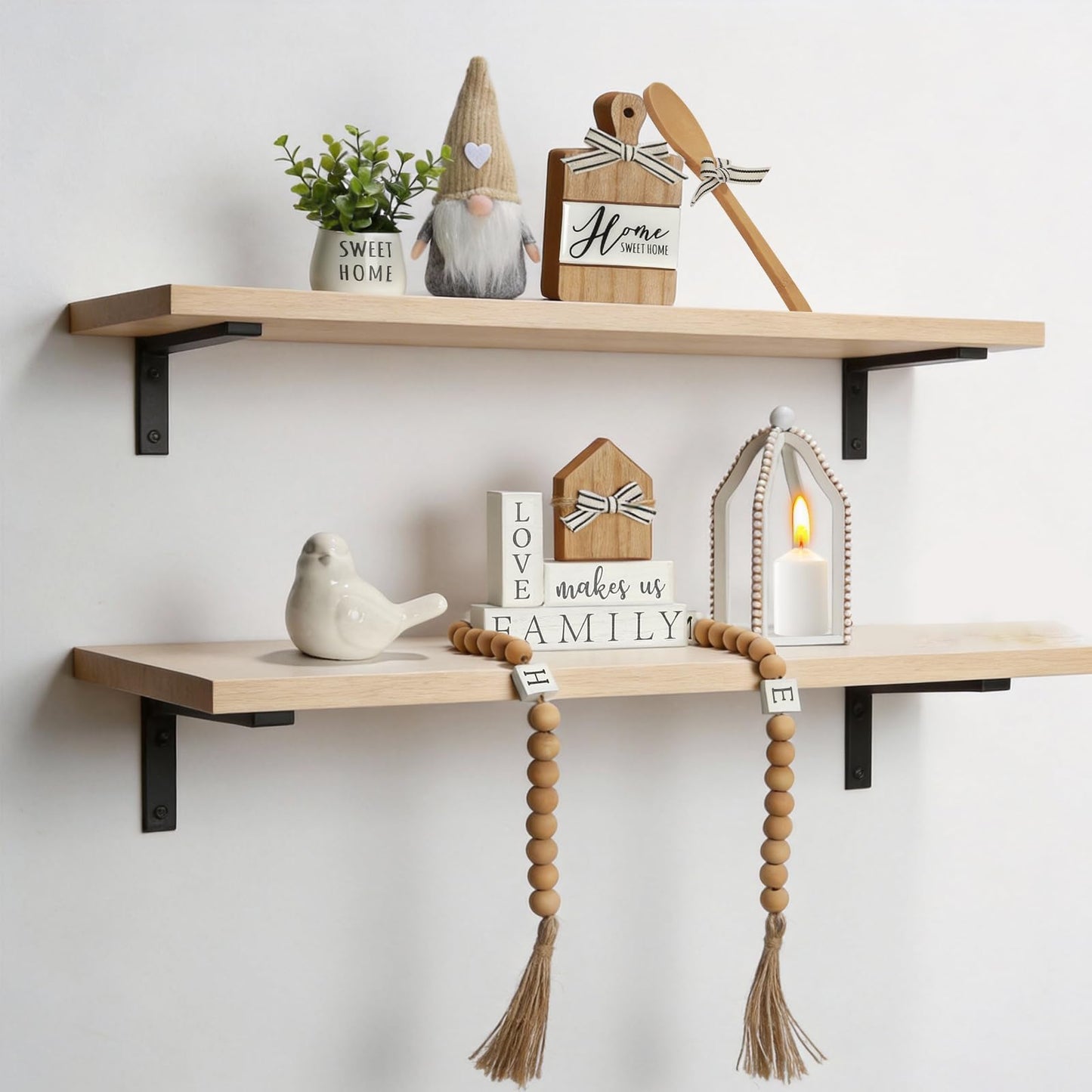 Farmhouse Tiered Tray Decor Set, 8 PCS Rustic Sweet Home Tabletop Decorations with Wooden Signs Lantern Plant Gnome Bead Garland & Bird Accent, Cozy Country Decorations for Home Table Kitchen Island