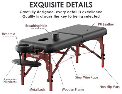 CLORIS 84" Professional Massage Table Portable 2 Folding Lightweight Facial Salon Spa Tattoo Bed Height Adjustable with Carrying Bag & Wooden Leg Hold Up to 1100LBS Black