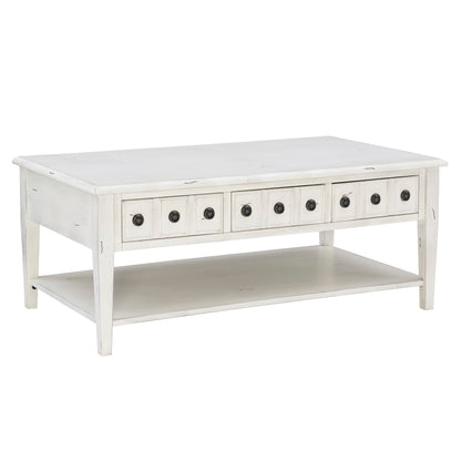 Powell Kelly Cream Coffee Table with Three Pull Thru Drawers and Open Shelf