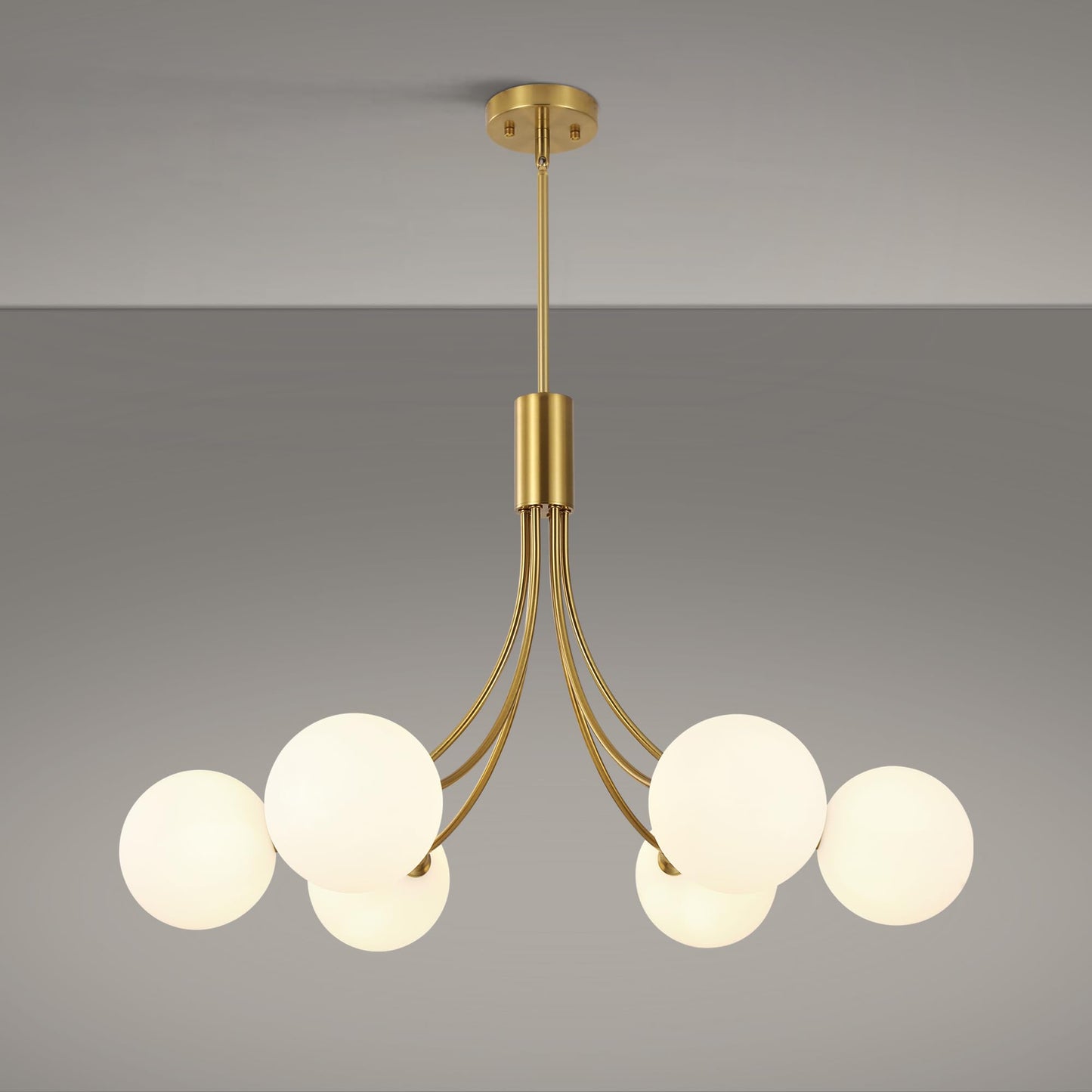 Xeruyiwa 6-Light Modern Gold Sputnik Chandelier Mid Century Brushed Brass Light Fixture with Milk Glass Globes for High Ceiling Dining Room Kitchen Island Living Room