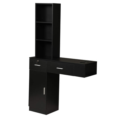 Wall Mount Hair Styling Barber Station Beauty Hair Salon Spa Equipment Set W, 3 Tier Shelf, Lockable Drawer, Black