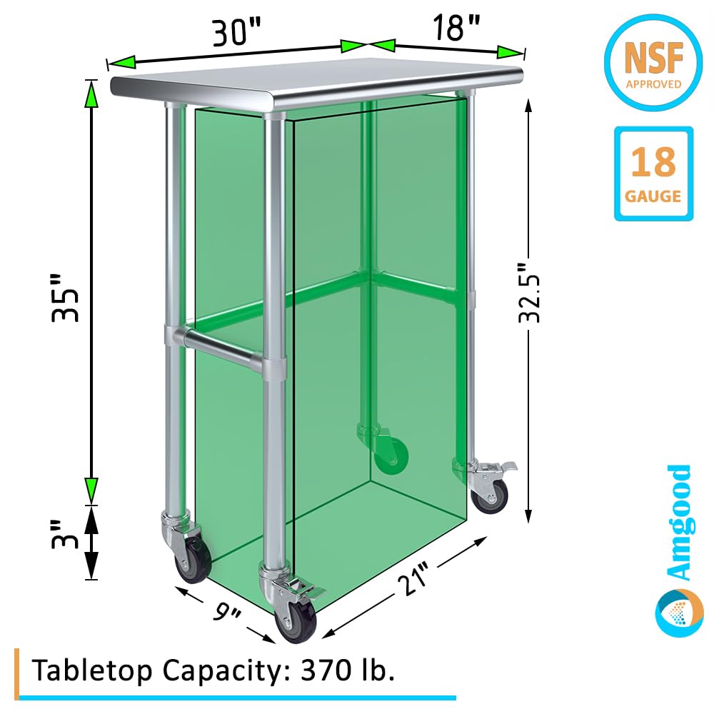 AmGood 18" X 30" Stainless Steel Work Table - with Open Base & Wheels | Food Prep | Utility Work Station | NSF Certified