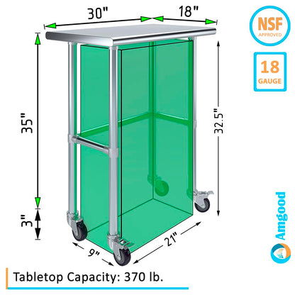 AmGood 18" X 30" Stainless Steel Work Table - with Open Base & Wheels | Food Prep | Utility Work Station | NSF Certified