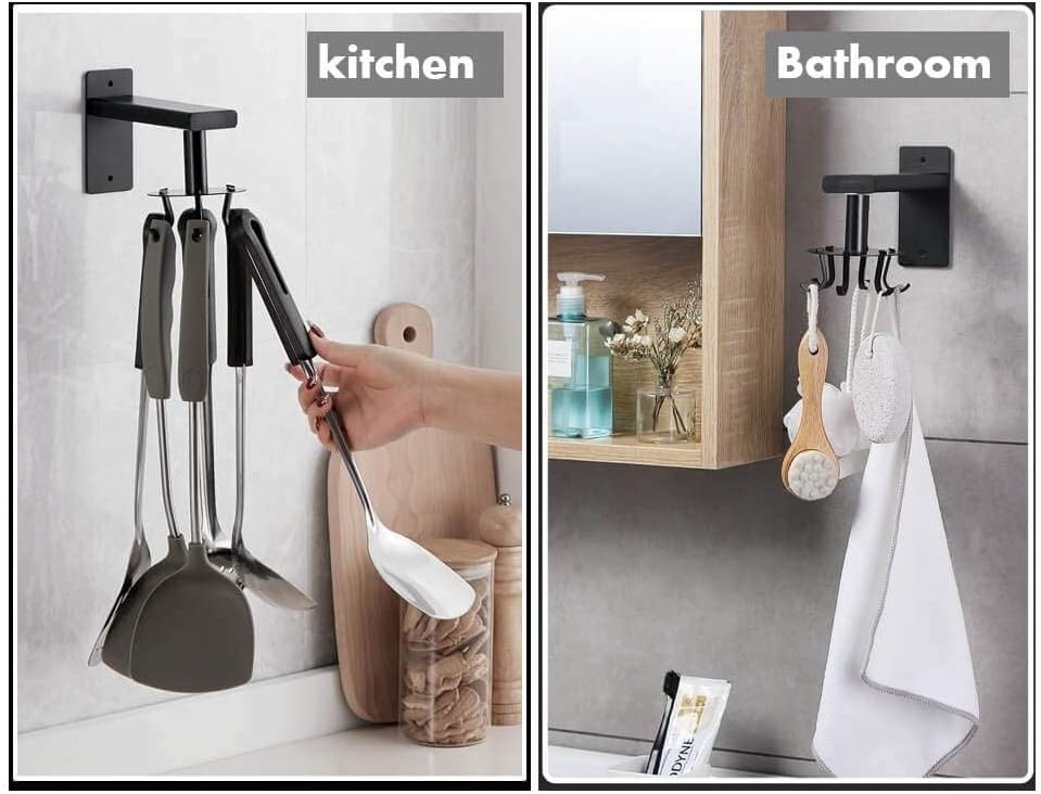 Kitchen Cooking Tool Utensil Holder, iNenya Black Rotating Spatula Holder with 6 Hooks for Hanging