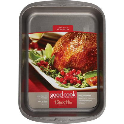 Goodcook Everyday Nonstick Roast Pan, Metal Utensil-Safe Easy Clean Dishwasher Safe Rectangle Roaster, 11.5x15.5-Inch, Silver