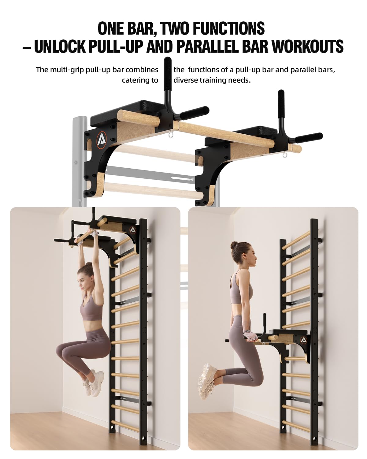 Swedish Ladder Pro, Wood Stall Bar with Push-Through Bar, Adjustable Pull-Up Dip Bar for Adults and Kids, Accessories Bundle, Spring, for Home, School, Physical Therapy and Gymnastics (40"x90“x26")