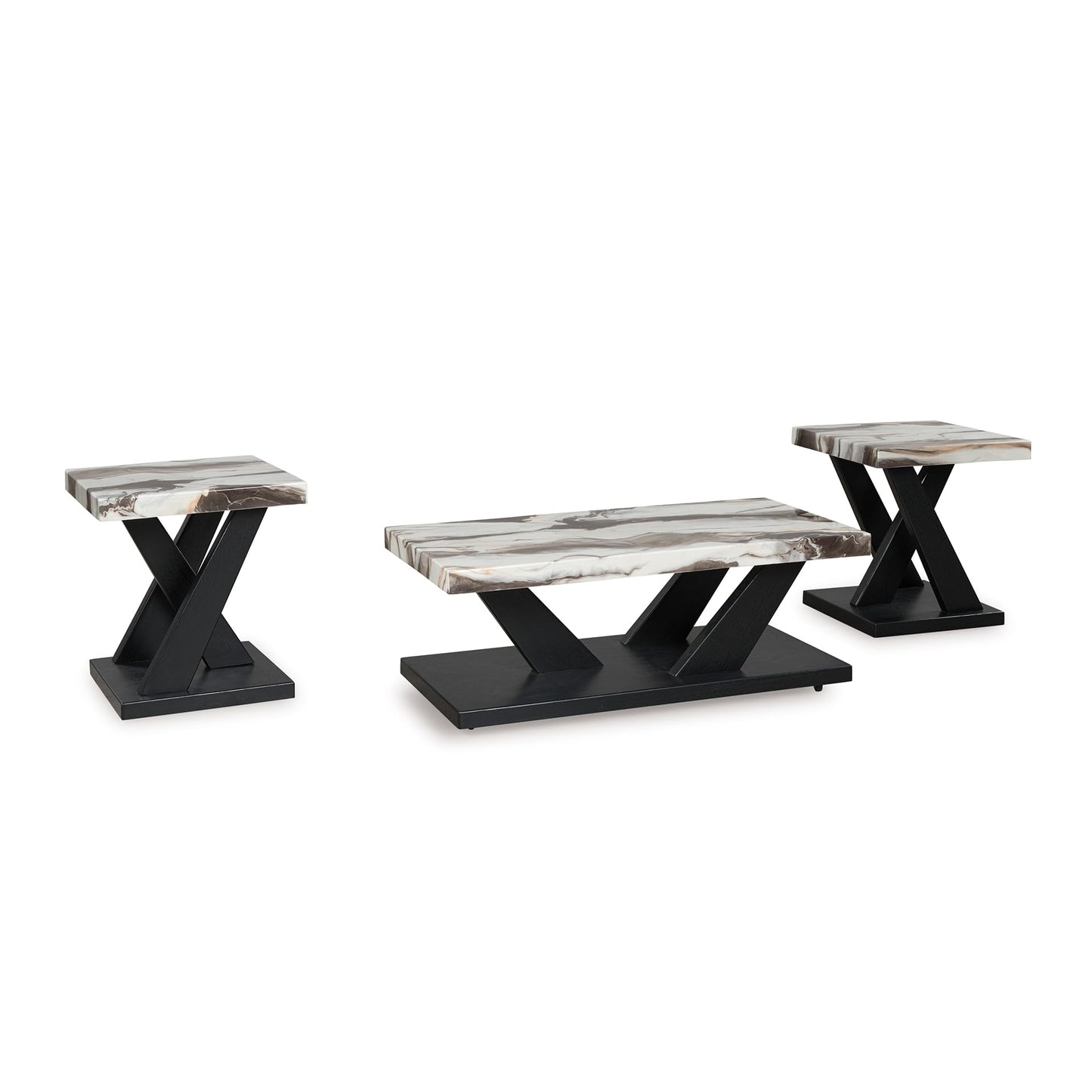 Signature Design by Ashley Cendill Contemporary Faux Marble Table with Casters, Set of 3, White & Black