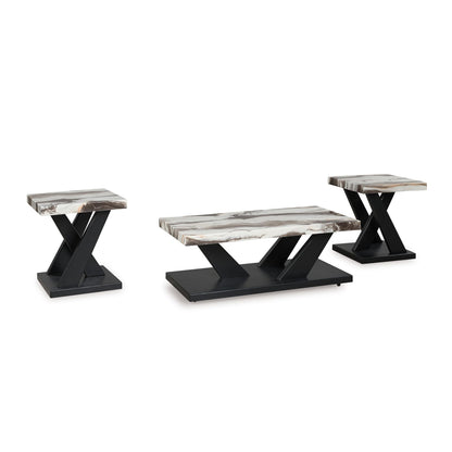 Signature Design by Ashley Cendill Contemporary Faux Marble Table with Casters, Set of 3, White & Black