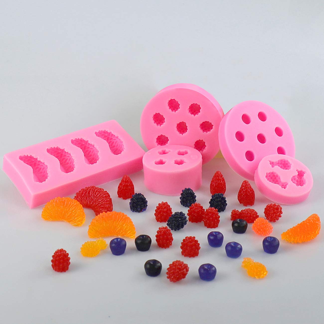 Juome 5Pcs Fruit Shaped Jelly Molds, 3D Mini Pineapple Strawberry Orange Blueberry Mulberry Candle Silicone Fruit Mold for Cupcake Decorating, Soap, Chocolate